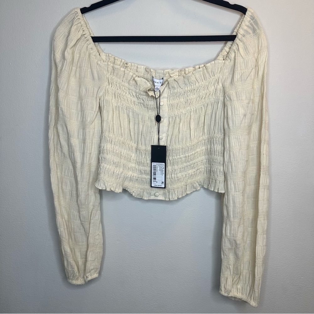NWT! Gianni Bini Sz L Sand Color Cotton Long Sleeve Crop Top - Picture 9 of 9